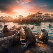 Sea Lions And Seals On The Pier In Monterey, California