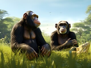 Chimpanzees sitting in the grass