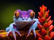 Red eye tree frog perched purple flower, cahuita, costa rica