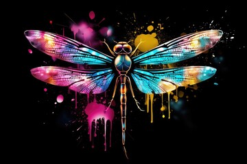 Wall Mural - Cute adorable gentle dragonfly animal. Black background, colorful animal paintings, t-shirt print patterns, textures. Generative AI