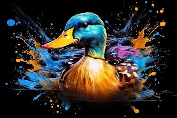 Cute adorable gentle duck animal. Black background, colorful animal paintings, t-shirt print patterns, textures. Generative AI