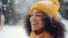 Portrait Of Beautiful Attractive Happy Young Black African Afro American Woman Is Enjoying Good Cold Frosty At Winter Snow Park With Eyes Closed, Breathing Deeply Deep Fresh Air Smiling, Generative Ai