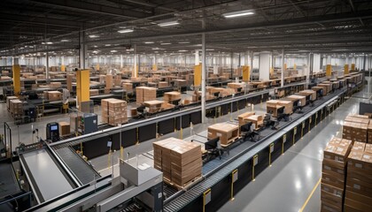Poster - Bustling warehouse fulfillment center with seamless conveyor belt transporting packages