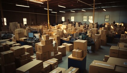 Poster - Efficient conveyor belt transporting cardboard boxes in a bustling warehouse fulfillment center