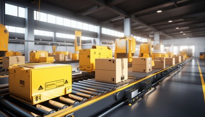 Poster - Dynamic warehouse fulfillment center with conveyor belt transporting packages efficiently