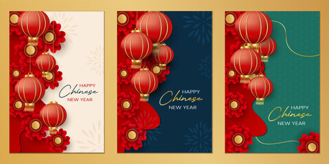 Wall Mural - Chinese new year greeting card set vector illustration. Happy chinese new year poster. 