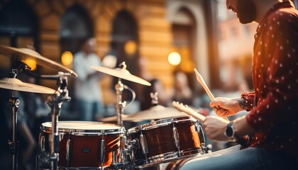 Wall Mural - Musical group performing on concert stage with drummer   soft focus background concept