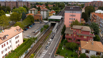 Wall Mural - Aerial view of Vimodrone metro station, Italy. It is a metro stop on the green line of the Milan metropolitan.