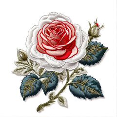 Realistic embroidery red and white rose on isolated background. Generative ai