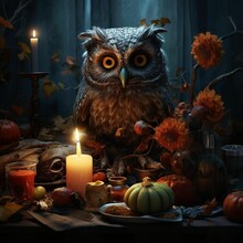 AI Generated Illustration Of A Brown Owl Perched Atop A Table With A Dark Background