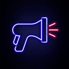 Poster - Glowing neon line Garden hose icon isolated on brick wall background. Spray gun icon. Watering equipment. Colorful outline concept. Vector