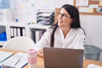 Sticker - Young beautiful hispanic woman business worker using laptop working at office