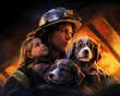 Dog Firefighter rescuing a trapped family