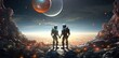 Two astronauts in modern spacesuits standing hand in hand on an alien landscape with a view of mountainous formations and large planets against a starry sky. Valentine's Day concept