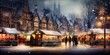 Traditional Christmas market in Germany watercolor illustration background. Weihnachtsmarkt.