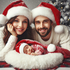 Happy family portrait, newborn baby in snow with Santa Claus hat, Culture and Religion concept, generative ai	