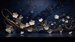 Navy marble as a night sky for a constellation of ivory petals and gold wire art. Art design for wedding, jewel, gem, fashion, opulence, glamour. 