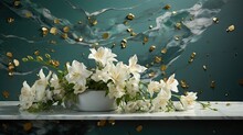 An Expanse Of Emerald-green Marble Glistens With White Lilies And Scattered Gold Flakes. Wedding, Jewel, Gem, Diamond, Ceremony, Glamour. 
