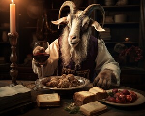 Wall Mural - Goat Food critic savoring culinary delights