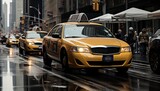 Fototapeta Nowy Jork - Yellow cabs in motion blur on bustling nyc street, vibrant color tones, 16k super quality