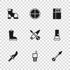 Poster - Set Walkie talkie, Cartridges, Medieval arrow, Crossed bullet with, Open matchbox and matches, Hunter boots, Sniper optical sight and Waterproof rubber icon. Vector