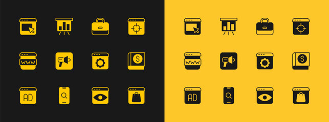 Poster - Set Target financial goal, Magnifying glass and mobile, Browser setting, Personal information collection, Megaphone, Briefcase, Advertising and Board with graph chart icon. Vector