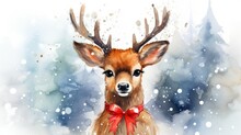 Cute Forest Deer Winter Wood Landscape. Decorative Watercolor Illustration. Merry Christmas Art Card. New Year Holiday Greeting Postcard. Colorful Fairy Tale Design. Hand Drawing Style. Xmas Reindeer.
