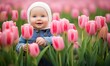 baby and pink tulips.