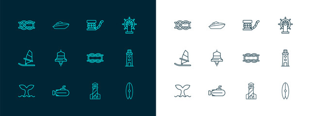 Wall Mural - Set line Ship steering wheel, Submarine, Nautical rope knots, Lighthouse, bell, Marine bollard with, and Speedboat icon. Vector