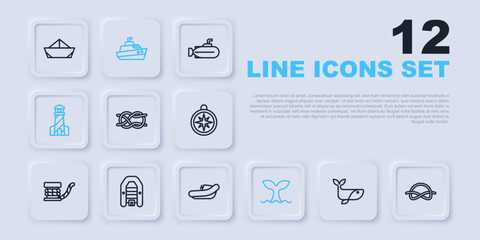 Canvas Print - Set line Whale, Nautical rope knots, tail, Lighthouse, Inflatable boat with motor, Speedboat and icon. Vector