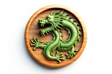 Aufkleber - A wooden plaque featuring a meticulously carved green dragon. Perfect for adding a touch of mythical charm to any space.