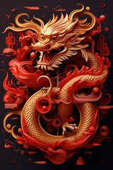 Poster - A striking image featuring a red and gold dragon against a dramatic black background. Perfect for adding a touch of fantasy and power to any design project.