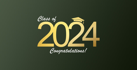 Wall Mural - Futuristic graduation class of 2024 banner concept with glowing low polygonal golden graduation cap.