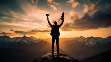 Silhouette of a businessman holding a trophy on top of a mountain, Business and success concept