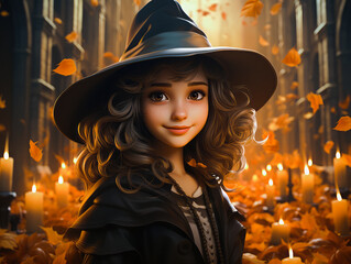 Cartoon beauty witch with a black hat. 