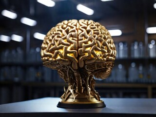 Wall Mural - figurine of a golden human brain against the background of a laboratory.