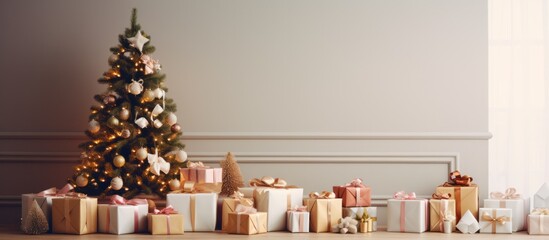 Christmas tree and many color gift boxes, presents and decoration in empty living room, copy space