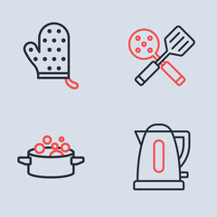 Sticker - Set line Spatula, Cooking pot, Electric kettle and Oven glove icon. Vector