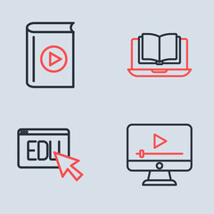 Sticker - Set line Online class, education, play video and Audio book icon. Vector