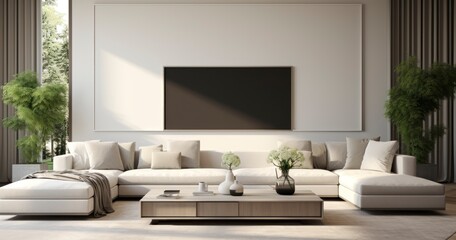 Wall Mural - An Elegant Living Room with a Vacant Frame for Artistic Expression. Generative AI