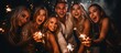 © ETAJOE - Celebrating New Year together. Group of people, New Year eve party with Bengal lights and rose champagne, looking happy
