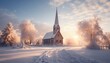 Photo of a Serene Winter Scene: Church Amidst Snowy Fields and Majestic Landscape