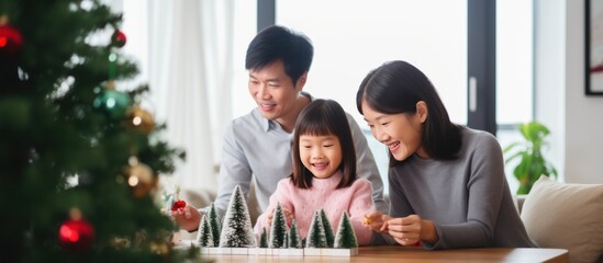 Asian Family celebrating christmas new year and. Home holiday and Christmas tree