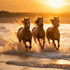 AI generated illustration of three wild horses running in the ocean on a sandy beach