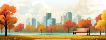 Autumn City Park Landscape. Autumn Holidays Concept In Flat Cartoon Style.