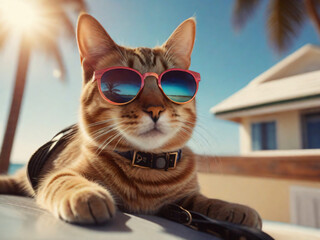 A cat with fashion sunglasses is lying on the beach