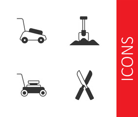 Poster - Set Gardening scissors, Lawn mower, and Shovel icon. Vector