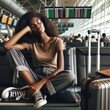 Photo of a tired traveler, a young African woman at an airport, seated with her eyes shut, resting her head on her hand, with her luggage next to her, capturing a moment of travel fatigue