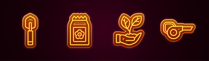 Poster - Set line Garden trowel spade or shovel, Pack full of seeds, Leaf in hand and garden blower. Glowing neon icon. Vector