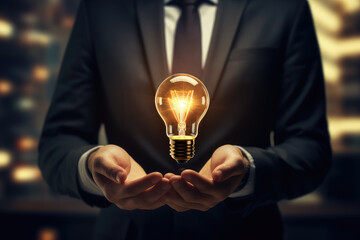 Wall Mural - Innovation and inspiration with a businessman holding a glowing light bulb. This symbolizes creativity, idea generation, and visionary thinking in the business world.